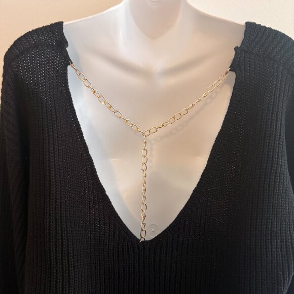 Black Open Back Gold Chain Detail Sweater | Slouchy Knit | Size L - Picture 7 of 10